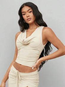 SHEIN BAE 實色簡約風格女士無袖背心，適合日常穿著 - 杏色 - 查看 4