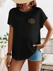 SHEIN Maternity Casual Eye Embroidered T-Shirt For Holiday - Black - View 1