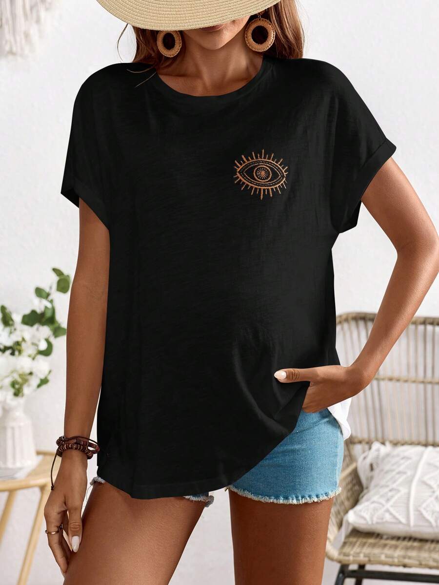 SHEIN Maternity Casual Eye Embroidered T-Shirt For Holiday - Black - View 1