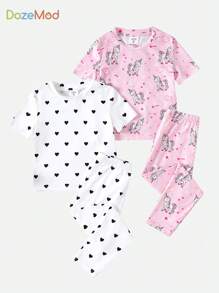 SHEIN Leap Crew Young Girls' Knitted Unicorn Pattern Top & Bottom And Love Pattern Top & Knitted Pants Snug Fit Homewear Set, 2pcs/Set - Pink - View 1