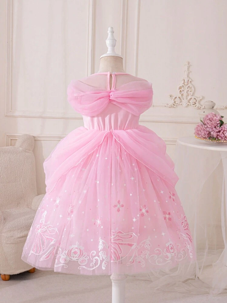 Glamorique Kids Robe de princesse pour jeune fille, robe en maille rose, robe de princesse en maille rose à imprimé floral, strass, robe de fête d'anniversaire, tenue de fête, robe de mariée de vacances, robe de soirée élégante, Moyen-Orient, Europe et Amérique - Rose bonbon - Voir 2