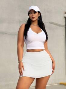 Flirla Plus Size Women Solid Color Simple Casual Skirt - White - View 7