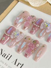 10 Pieces Long Coffin Nail Pink Beauty Pure Soft Fairy Fairy Rose Manor Love Bow Design Crystal Decoration Manicure ,Three-Dimensional Roses, Dazzling Diamond Ornaments, And Aurora Elements Create A Sweet And Alluring Feast On The Fingertips, Suitable For Ladies, Girls In The Stage, Prom, Party Scene Use, With 1 Piece Of Jelly Roll 1 Piece Nails - Multicolor - View 2