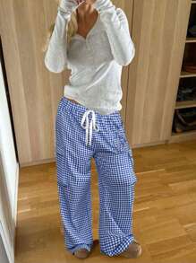 SHEIN Unity Women's Straight-Legged Pants With Checkered Tied Belt Fall Cloth For Women - Blue - View 1