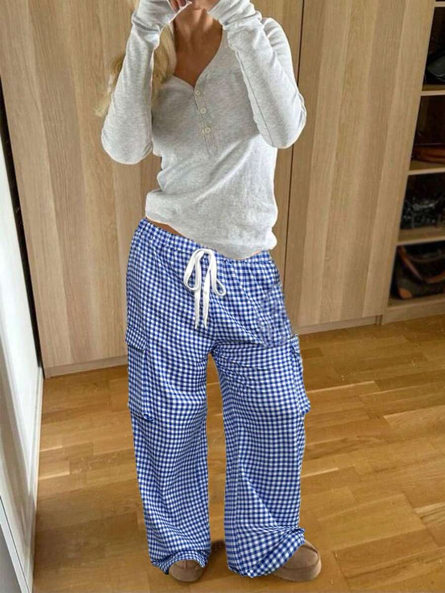 SHEIN Unity Women's Straight-Legged Pants With Checkered Tied Belt Fall Cloth For Women - Blue - View 1
