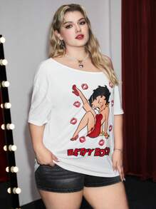 Betty Boop | ROMWE Plus Size Cartoon Character And Lips Printed Contrast Lace Asymmetrical Shoulder T-Shirt, Summer