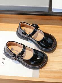 Girls' Round Toe Black Leather School Student Shoes, Princess Dress Flats