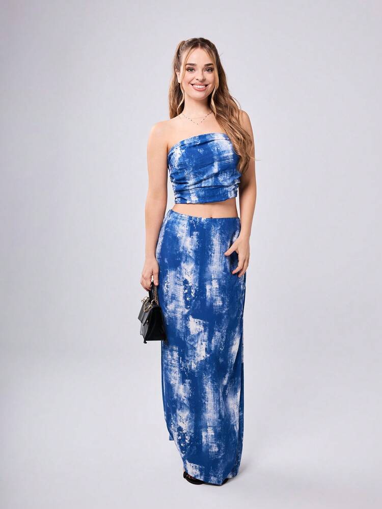 SHEIN Maija Women's Random Printed Strapless Top And Simple A-Line Skirt Outfit, Daily Wear