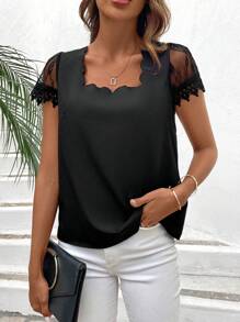 Calvaya 女士蕾絲拼接短袖襯衫 - 黑色 - 查看 4