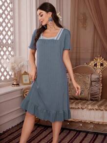 Contrast Lace Ruffle Hem Pajama Night Dress - Dusty Blue - View 5