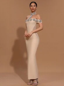 Modphy 新款女款黑色性感露肩奢華鑽飾修身長版抹胸洋裝，適合婚禮、伴娘、晚宴、正式場合 - 杏色 - 查看 5