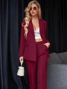 Chiquease Women's Solid Color Jacket And Pants 2-Piece Suit Set Fall Cloth For Women - Burgundy - View 7