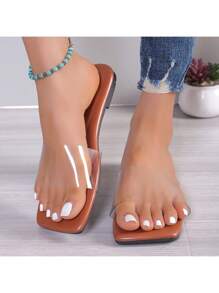2024 New Transparent Minimalist Flat Sandals For Women, Square Toe Open-Toe Slip-On Style - Chocolate Brown - View 5