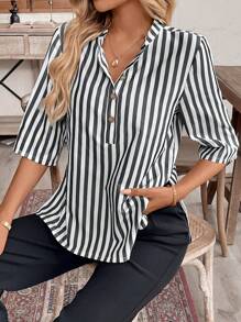 SHEIN LUNE Spring/Summer Casual Striped Shirt With Coconut Buckle And Slit Hem - Black - View 4