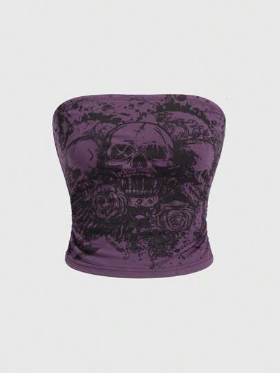 Goth Women's Fashionable Skull & Flower Print Tube Top, Summer