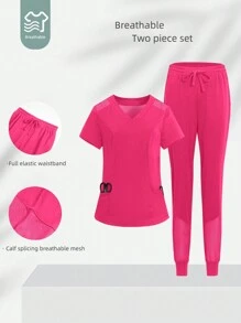 TaskEZ Solid Color Minimalist Daily V-Neck Short Sleeve Top & Pants Uniform Scrub Set - Hot Pink - View 2