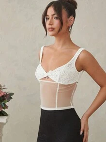 L'Amorae Top de tirantes lindo con detalle de lazo en la parte delantera con escote de encaje