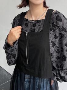 FRIFUL 女式纯色网眼撞色拉链无袖夏季连衣裙 - 黑色 - 查看 7