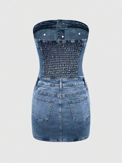 Grunge Punk Y2K Style Sexy Lady Washed Denim Sleeveless Multi-Pocket Front Open Bodycon Dress