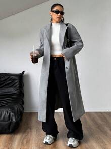 SHEIN Unity 长款灰色羊毛大衣，秋冬时尚 - 灰色 - 查看 6