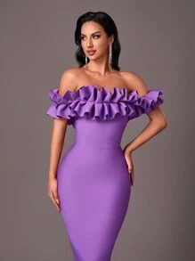 SHEIN Belle Elegant Purple Off Shoulder Exaggerated Ruffle Strapless High Waist Back Slit Slim Formal Evening Bandage Gowns Cocktail Semi Formal Prom Wedding Guest Dress, For Birthday, Graduation, Dinner, Homecoming - Purple - View 5
