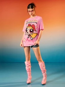 THE POWERPUFF GIRLS X SHEIN Camiseta holgada con estampado de letra de dibujos animados para mujer, rosa, de hombros caídos