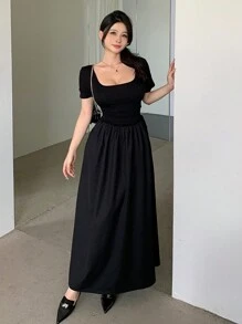 DAZY Vestido casual de manga corta con cuello cuadrado de unicolor, vestido de verano - Negro - Ver 3