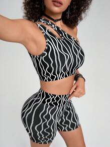 Easithlete Women's Colorblock Printed Asymmetrical Neck Top & Shorts, Simple Casual Sports Set,Hiking Outfit - Black and White - View 4