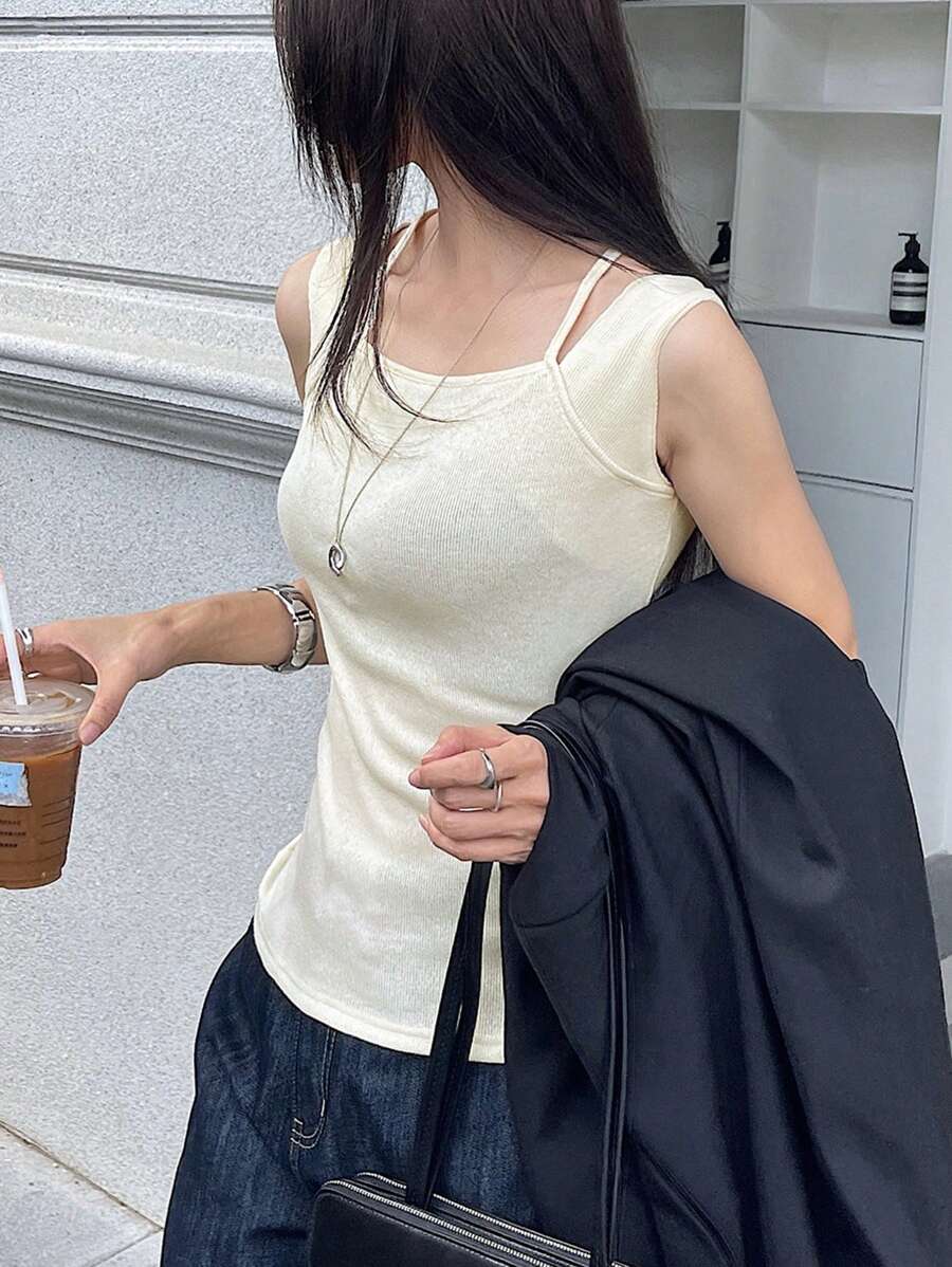 FRIFUL 女士纯色宽肩带简约休闲背心外出上衣