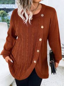 SHEIN LUNE Plus Size Solid Color Button-Front Knit Sweater, Autumn/Winter Knit Pullover Fall - Redwood - View 6