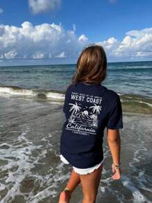 女士新款夏季休闲圆领短袖T恤，简约百搭的棕榈树标语印花，适合日常穿着。图案T恤，女士上衣，度假必备。 - 藏蓝色 - 查看 5