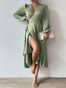 Calvaya Vestido largo de manga larga de satén verde salvia para mujer