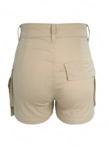 GILIPUR Festival Summer Women Casual Fashion Solid Color Cargo Shorts - Khaki - View 2