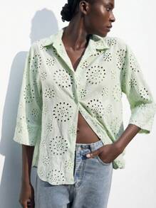 Maija Women's Casual Solid Color Hollow Out Embroidery Blouse, Spring Summer - Green - View 5