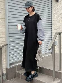 FRIFUL 女式拼接条纹印花休闲长袖中长连衣裙 - 黑色 - 查看 4