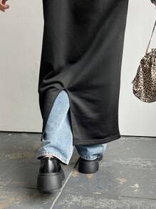 FRIFUL 女式拼接条纹印花休闲长袖中长连衣裙 - 黑色 - 查看 6