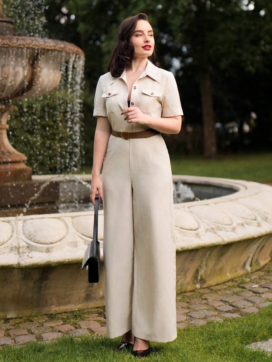 Vintamour Bộ đồ liền thân thanh lịch cổ điển dành cho nữ, bộ đồ liền thân cổ ve áo bó sát có túi, bộ đồ liền thân màu kaki nhạt cho mùa hè và mùa thu Quần áo nữ mùa thu Quần yếm nữ Trang phục công sở thường ngày cho nữ khi trở lại trường Trang phục đi chơi cho nữ Trang phục công sở thời trang nữ sành điệu - Màu Khaki - Xem 1