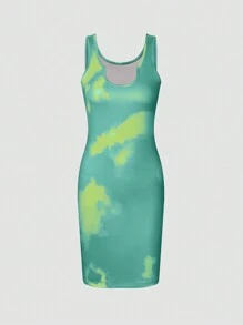 Islaluna Vestido sin mangas de moda veraniego teñido con diseño entallado y cuello con muesca