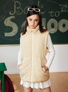SHEIN Teen Girls Solid Color Hooded Sleeveless Padded Coat With Zipper, Tie And Pockets, Winter