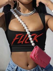 Slaydiva Casual Simple Pattern Women Square Neck Tank Top Suitable For Summer Back To School - Black - View 1