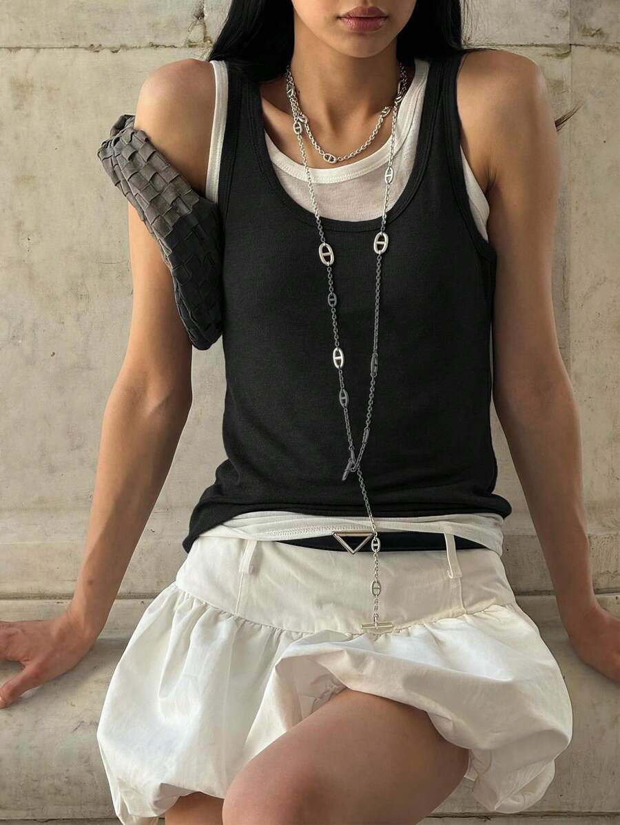 SHEIN Essnce Áo ba lỗ thông thường rộng rãi và thoải mái cho nữ cho mùa xuân hè - Đen và trắng - Xem 1