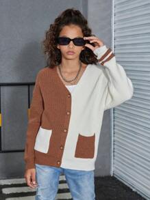 Tween Girl Contrast Color Buttoned Pocket V-Neck Long Sleeve Casual Cardigan , Color Block