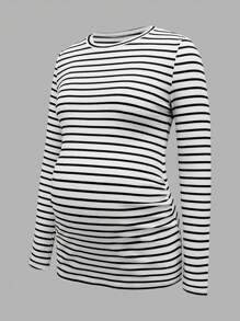 Modmama Maternity Casual Long Sleeve Fitted T-Shirt, Spring Autumn - Black and White - View 4