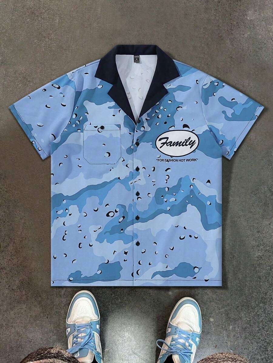 Manfinity EMRG Men's Lapel Collar Letter Printed Short Sleeve Daily Casual Stylish Shirt With Pocket - Multicolor - View 1
