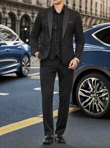 Calvornis Men's Solid Color Simple Daily Wear Long Sleeve Suit With Long Pants - Black - View 3