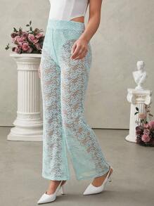 L'Amorae Lace Sheer High Waist Pants - Blue - View 3