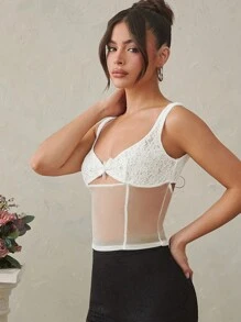 L'Amorae Top de tirantes lindo con detalle de lazo en la parte delantera con escote de encaje