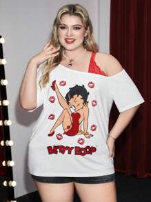 Betty Boop | ROMWE Plus Size Cartoon Character And Lips Printed Contrast Lace Asymmetrical Shoulder T-Shirt, Summer