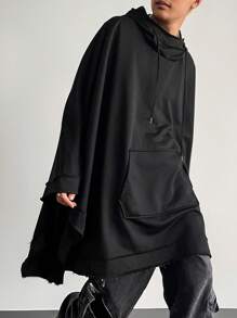 Genlund 男士纯色蝙蝠袖抽绳连帽休闲宽松夹克，春秋季外出长袖外套，送给朋友、丈夫、男朋友的礼物 - 黑色 - 查看 6
