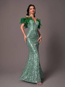 SHEIN Belle Elegant Romantic Beaded & Feather Decorated Women's Evening Gown (Deluxe Edition) (Faux Fur Shoulder Decor), Formal Prom Dress, For Wedding Guest, Graduation, Dinner - Dark Green - View 7